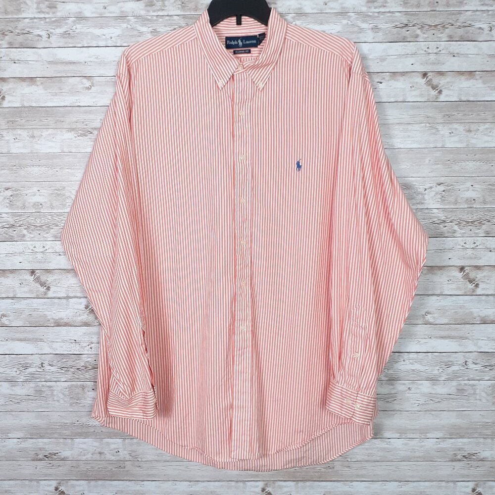 Ralph Lauren Mens Button Down Shirt 15 1/2 Medium Classic Fit Orange Stripe 746